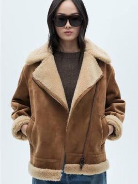 Women’s Faux Shearling Aviator Jacket - Brown Mango
